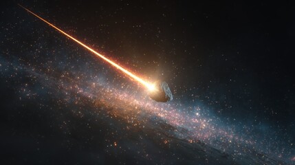 Cosmic Collision: A celestial event unfolds as a meteor streaks across the night sky, creating a radiant path against the backdrop of a vast galaxy. The awe-inspiring cosmic dance of light and shadow.