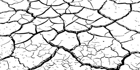 High-resolution cracked dry soil texture with intricate fracture patterns, natural organic lines, monochrome design ideal for backgrounds, geology themes, environmental concepts and compositions.