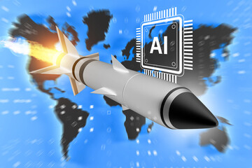 Defense technology development illustrates the concept of AI-driven missile guidance, showing integration of advanced algorithms with global strategic systems.