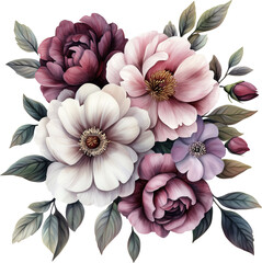 Watercolor floral bouquet, pink, purple and white flowers, generative AI