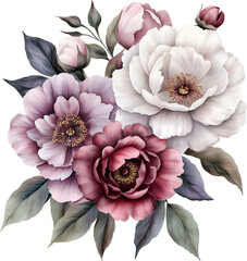 Watercolor floral bouquet, pink, purple and white flowers, generative AI