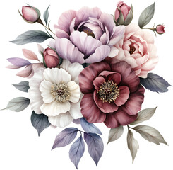 Watercolor floral bouquet, pink, purple and white flowers, generative AI