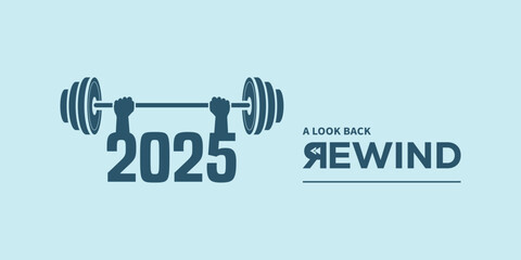 Minimal “2025 A Look Back Rewind” typography logo on light blue background, ideal for year in review video intro, recap presentation, social media highlights, podcast cover. © bibin