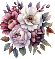 Watercolor floral bouquet, pink, purple and white flowers, generative AI