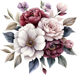 Watercolor floral bouquet, pink, purple and white flowers, generative AI