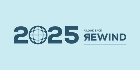 Minimal “2025 A Look Back Rewind” typography logo on light blue background, ideal for year in review video intro, recap presentation, social media highlights, podcast cover.