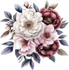 Watercolor floral bouquet, pink, purple and white flowers, generative AI