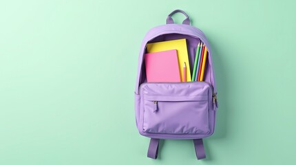 A neatly arranged open lavender purple backpack, filled with colorful school supplies. Inside the backpack are neatly stacked notebooks along with sharpened colored pencils organized.