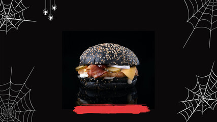 Halloween themed black burger promotional background with spooky spiderweb decorations, dark food styling, and space for restaurant ads or festive menu design.