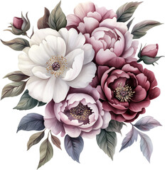Watercolor floral bouquet, pink, purple and white flowers, generative AI