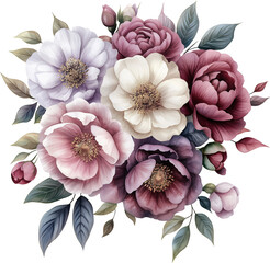 Watercolor floral bouquet, pink, purple and white flowers, generative AI