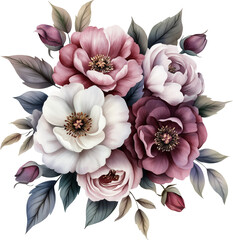 Watercolor floral bouquet, pink, purple and white flowers, generative AI