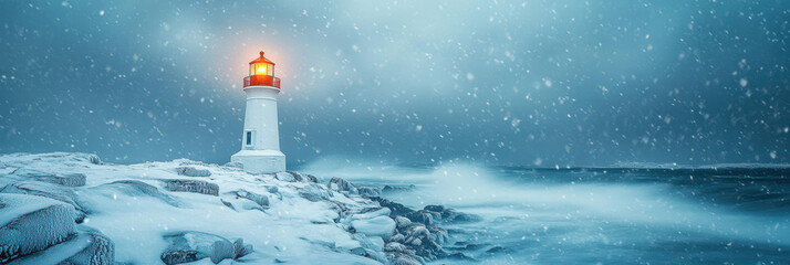 A solitary white lighthouse stands amidst a frozen seascape, its red light illuminating the cold twilight. Snow blankets the rugged cliffs, while the deep blue ocean adds a sublime contrast.