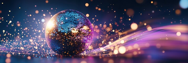 A large disco ball reflects vibrant colors and shimmering light, creating a lively party atmosphere. Surrounded by radiant light streaks, it embodies glamour and dynamic energy for any celebration.