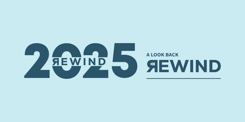 Minimal “2025 A Look Back Rewind” typography logo on light blue background, ideal for year in review video intro, recap presentation, social media highlights, podcast cover.