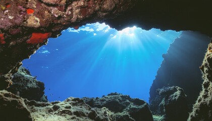 Sunlight streams through underwater cave entrance