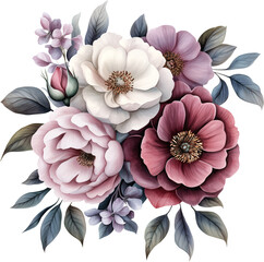 Watercolor floral bouquet, pink, purple and white flowers, generative AI