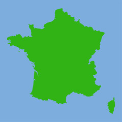 Green silhouette map of France in flat vector style featuring its hexagonal shape and regional outlines on a light background