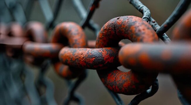rusty chain link,A highly detailed, macro shot of a rusty metal chain, focusing on the intricate textures, patterns, and corrosion of the weathered links, with a shallow depth of field blurring the su