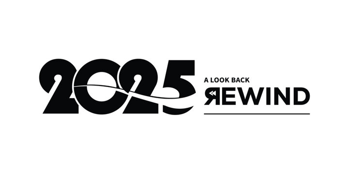 Bold black &ldquo;2025 A Look Back Rewind&rdquo; typography logo on white background, featuring stylized numbers and rewind text, perfect for year in review branding, recap videos, reports and presentations.
