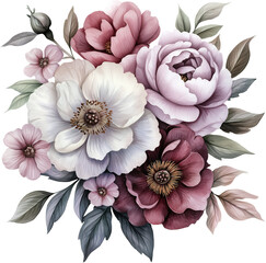 Watercolor floral bouquet, pink, purple and white flowers, generative AI