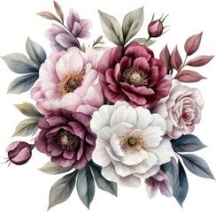 Watercolor floral bouquet, pink, purple and white flowers, generative AI