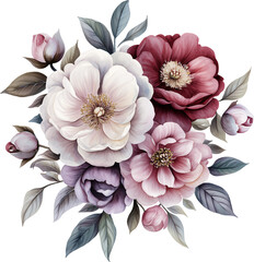 Watercolor floral bouquet, pink, purple and white flowers, generative AI