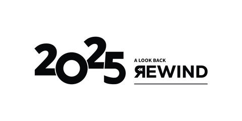 Bold black “2025 A Look Back Rewind” typography logo on white background, featuring stylized numbers and rewind text, perfect for year in review branding, recap videos, reports and presentations.