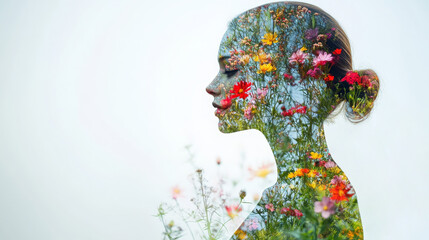 Creative double-exposure of a woman's profile silhouette layered with a vibrant field of flowers. Ideal for spring, nature, health, beauty, mindfulness, and women's empowerment blogs/sites.