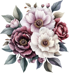 Watercolor floral bouquet, pink, purple and white flowers, generative AI