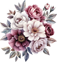 Watercolor floral bouquet, pink, purple and white flowers, generative AI