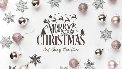 Elegant Christmas greeting composition with sparkling snowflakes and pastel ornaments surrounding a stylish Merry Christmas and Happy New Year message on white background.