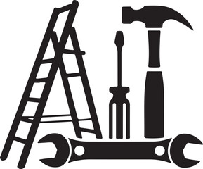 Essential construction and repair tools including ladder hammer screwdriver and wrench for home improvement or professional handyman services
