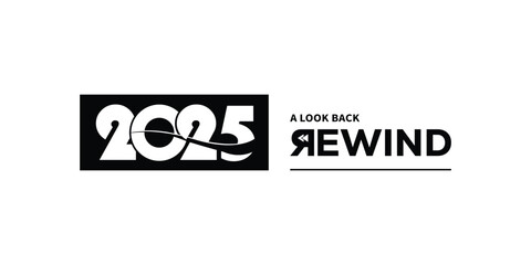 Bold black “2025 A Look Back Rewind” typography logo on white background, featuring stylized numbers and rewind text, perfect for year in review branding, recap videos, reports and presentations. © bibin