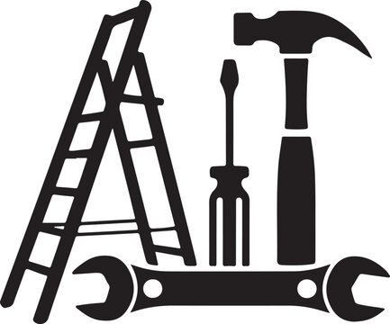 Essential construction and repair tools including ladder hammer screwdriver and wrench for home improvement or professional handyman services - Powered by Adobe