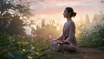 Fototapeta premium Woman meditating peacefully in nature at sunrise.