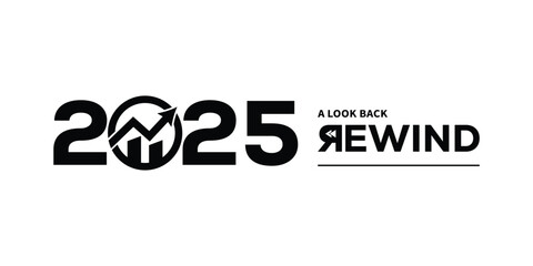 Bold black “2025 A Look Back Rewind” typography logo on white background, featuring stylized numbers and rewind text, perfect for year in review branding, recap videos, reports and presentations.