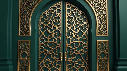 Intricate Golden Arabesque Doorway with Rich Emerald Green Walls - Powered by Adobe