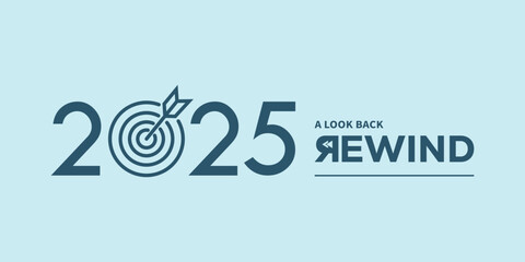 Minimal “2025 A Look Back Rewind” typography logo on light blue background, ideal for year in review video intro, recap presentation, social media highlights, podcast cover.