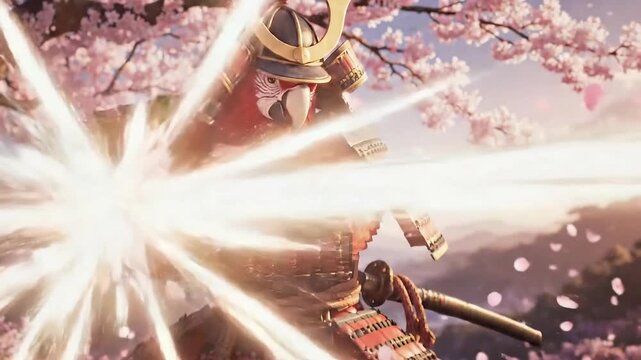Red Macaw Samurai Warrior with Katana under Cherry Blossoms