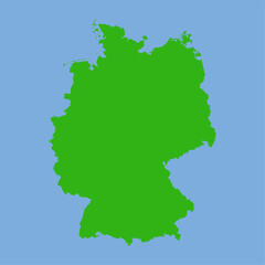 Obraz premium Green silhouette map of Germany on a light blue background, simple flat vector style showing country shape and internal region outlines for geographic illustration.