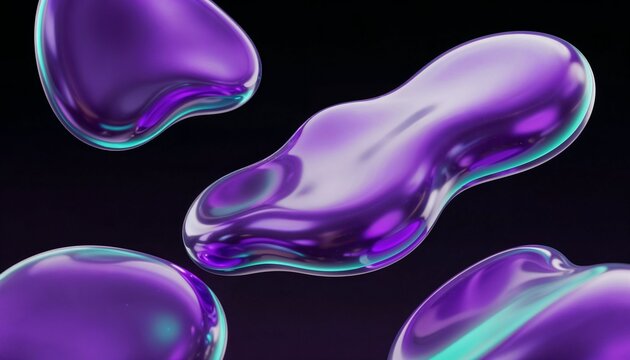 Abstract purple glossy liquid shapes floating in dark void for modern 3D background