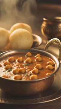 Chola bhatura  a delectable indian feast of fried bread and spicy chickpea curry. Perfect for food blogs and culinary designs.