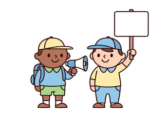 Two cartoon boys, one holding a megaphone and the other a blank sign, standing together, representing communication and protest.