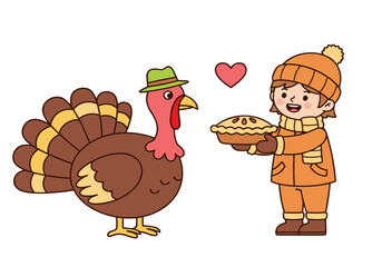 A cartoon image of a friendly turkey wearing a hat and a child offering a pie with a heart symbol.
