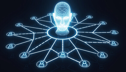Digital Connections: An illuminated digital representation of a human head at the center, surrounded by a network of interconnected icons suggesting global interaction, and the flow of information.