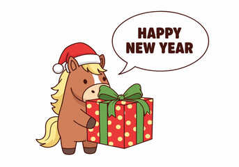 A cute cartoon horse wearing a Santa hat holds a polka-dotted gift box with a green bow, wishing 
