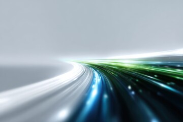 Abstract colorful light trails on curved path with blue and green highlights