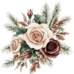 Watercolor winter flowers, brown and beige Christmas bouquet, neutral floral illustration, generative AI