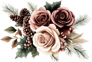 Watercolor winter flowers, brown and beige Christmas bouquet, neutral floral illustration, generative AI